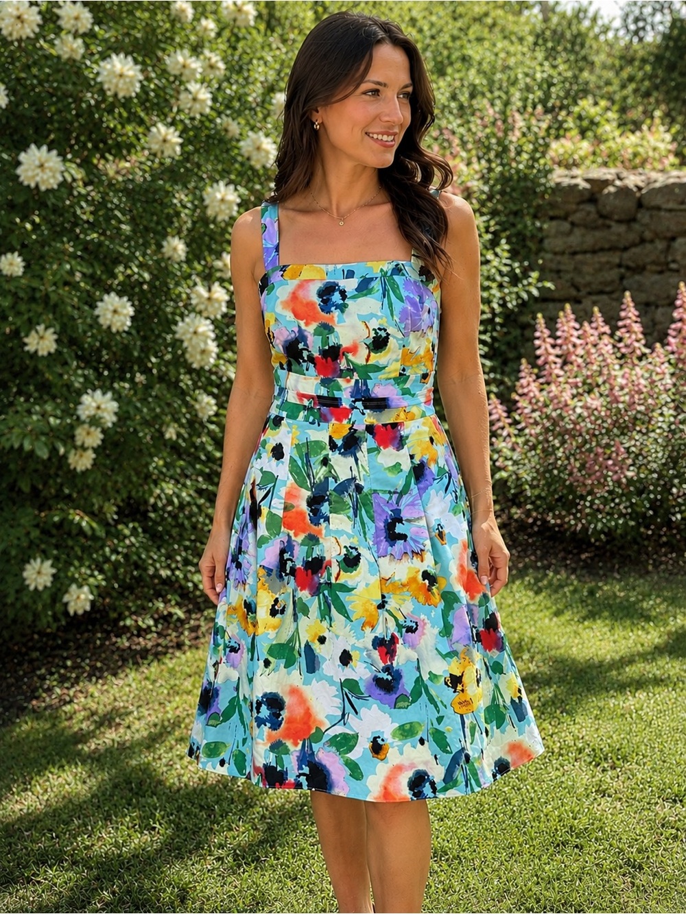 Adrianna Papell Watercolor Floral Sateen Garden Party Dress Euro Summer Romantic